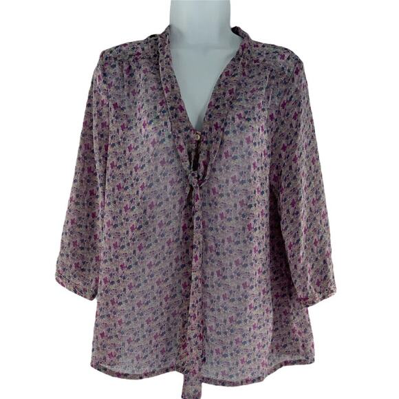 Tinley Road Neck Tie Blouse Sheer Floral Lilac Purple Button Front Top Size Med - Picture 1 of 4